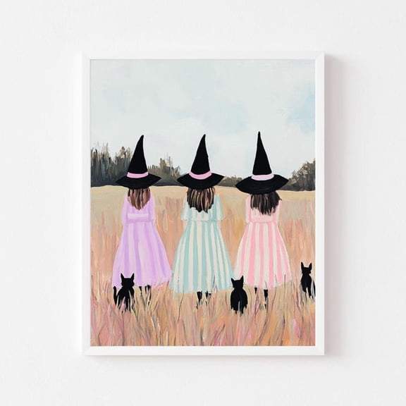 Three Pastel Striped Witches Painting Hocus Pocus Sisters Wall Art Print Pink Girly Spooky Cute Wall Art Decor For Home Office- , Poster Only