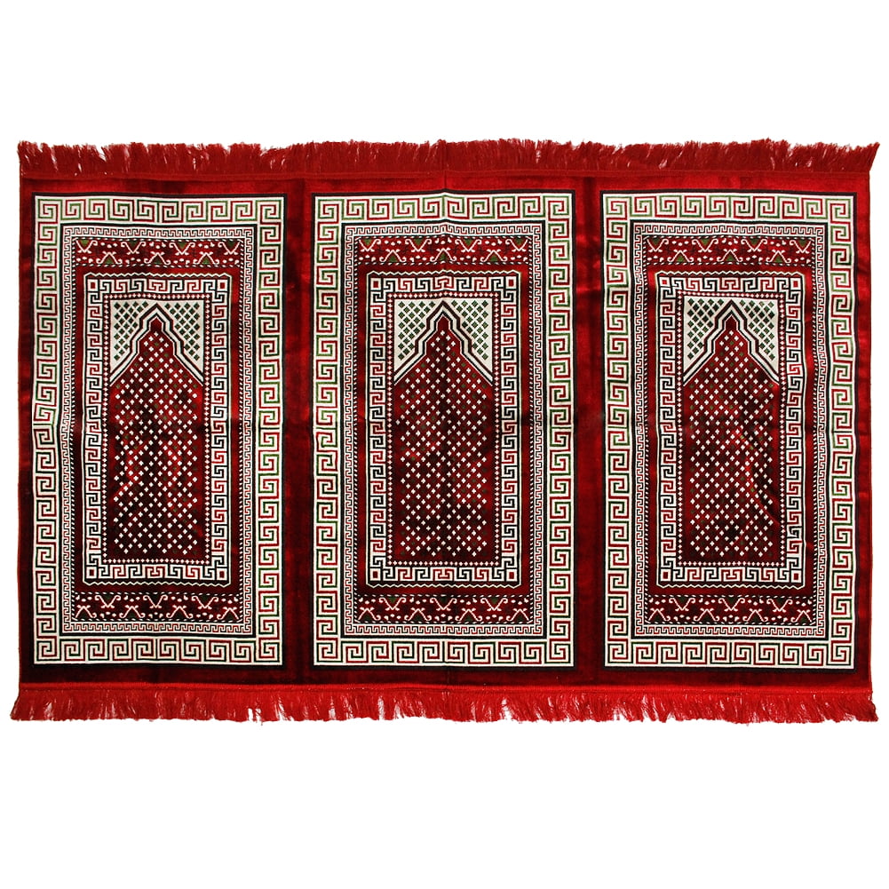 Three Person Red and Green Greek Key Design Islamic Muslim Prayer Rug