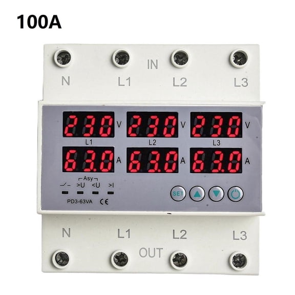 Three-Phase Digital Voltage and Current Protection Relay with Adjustable Overvoltage Undervoltage Overcurrent Settings, DIN Rail Mount, AC220V/380V