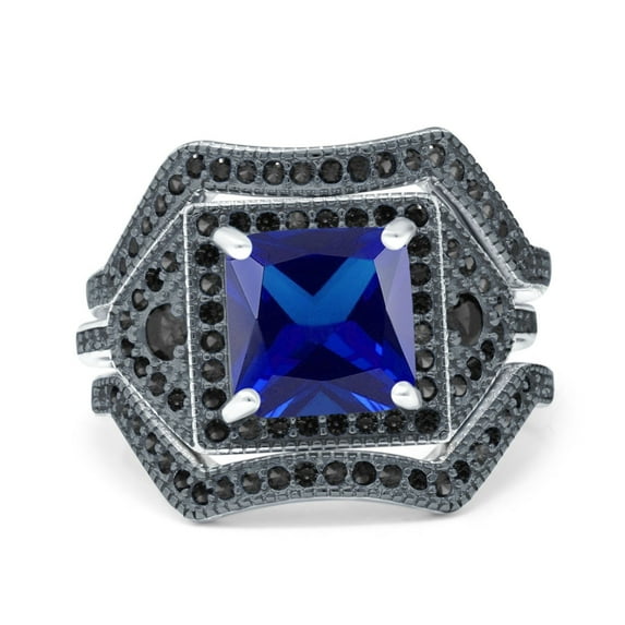 Three Piece Art Deco Princess Cut Ring Black Blue Sapphire CZ 925 Sterling Silver Size 9