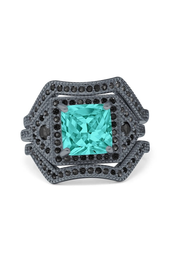 Three Piece Art Deco Princess Cut Ring Black Tone Paraiba Tourmaline CZ 925 Sterling Silver Size 5