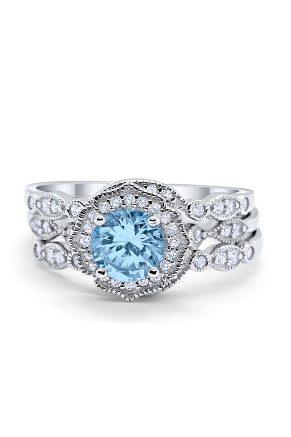 Three Piece Art Deco Ring Band Aquamarine CZ 925 Sterling Silver Size 11
