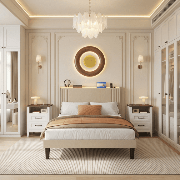 Three-Piece Bedroom Furniture Set: Upholstered Platform Bed with Charging Station & LED Lights + 2 Nightstands with Charging Station, 2 Drawers & Open Shelf – Beige