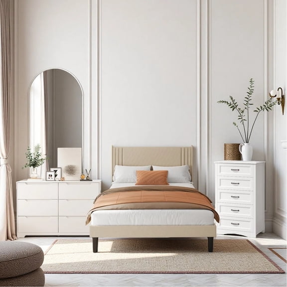Three-Piece Bedroom Furniture Set: Queen-size bed frame with headboard, six-drawer double Storage Cabinet, and wooden five-drawer dresser - Beige & White