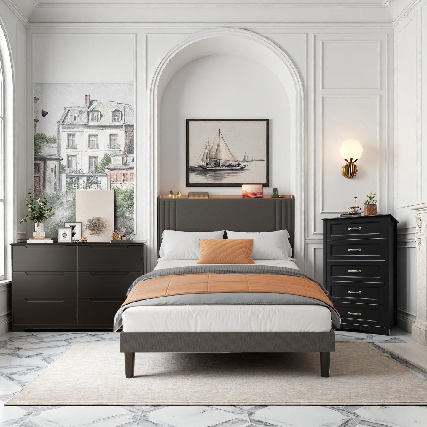 Three-Piece Bedroom Furniture Set: Queen-size bed frame with headboard, six-drawer double Storage Cabinet, and wooden five-drawer dresser Gray & Black