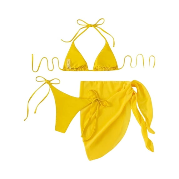 Three Piece Bikini Set with Triangle Halter Top Adjustable Tie Side Bottom and Matching Wrap Skirt for Women Swimwear Beachwear Yellow XL