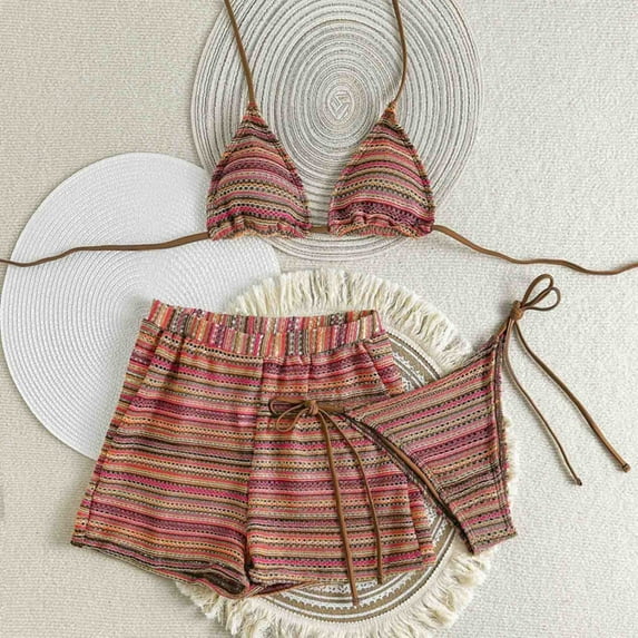 Three Piece Bikini Sets for Women Padded Knit Halter Bathing Suit with Swim Shorts Color Block Summer Triangle Swimsuits Coffee S