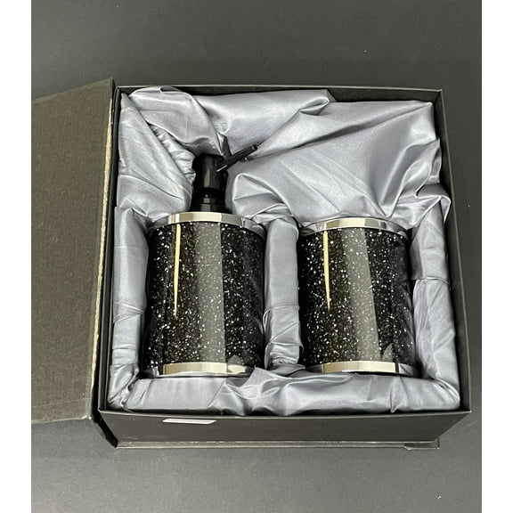 Three Piece Black Silver and Clear Glass Bling Bathroom Accessory Set