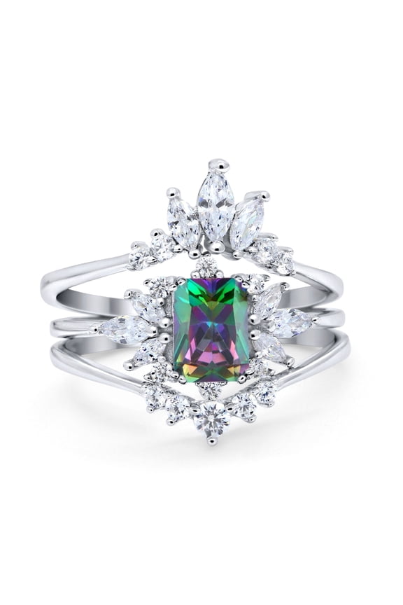 Three Piece Bridal Set Ring Emerald Cut Rainbow CZ 925 Sterling Silver size 7