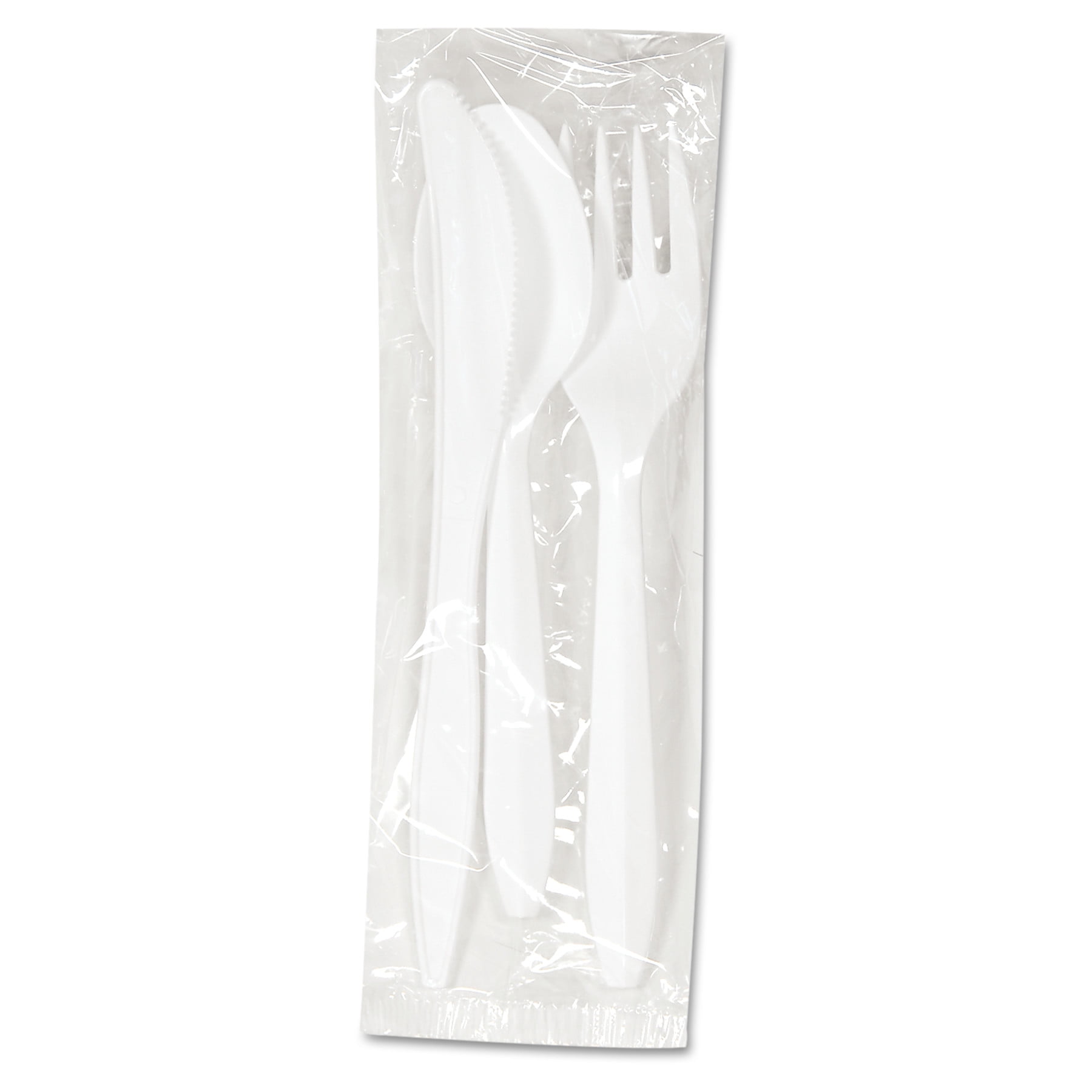 Three-Piece Cutlery Kit, Fork/Knife/Teaspoon, Polypropylene, White, 250/Carton Three-Piece Cutlery Kit, Fork/Knife/Teaspoon, Polypropylene, White, 250/Carton