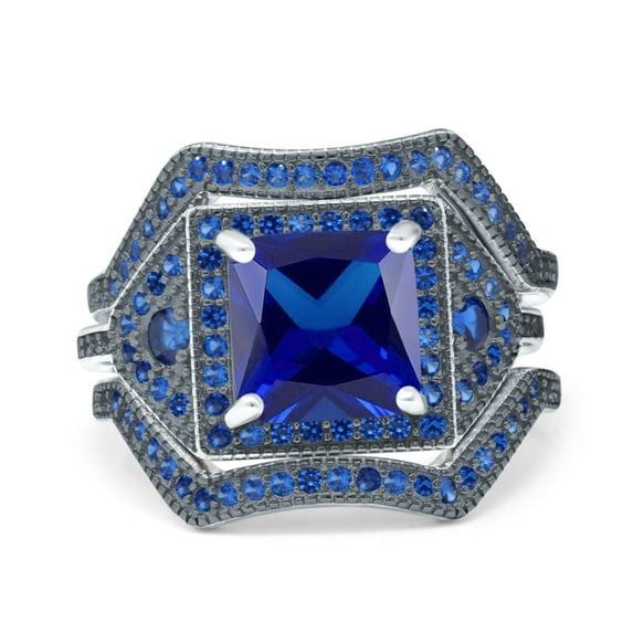 Three Piece Flower Princess Cut Ring Blue Sapphire CZ 925 Sterling Silver Size 5