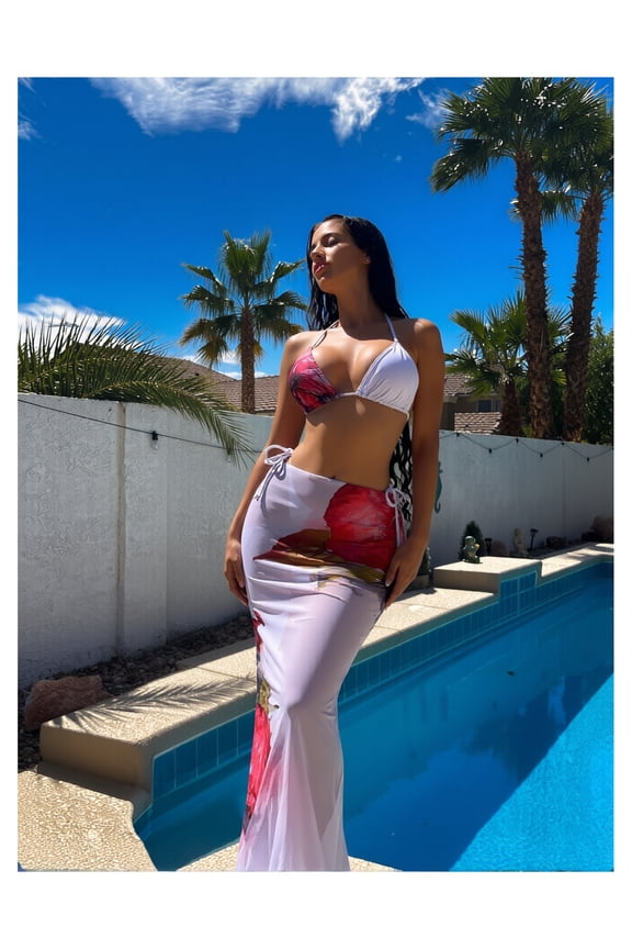 Three-Piece High-Stretch Floral Print Swimsuit & Maxi Skirt Cover-Up Set