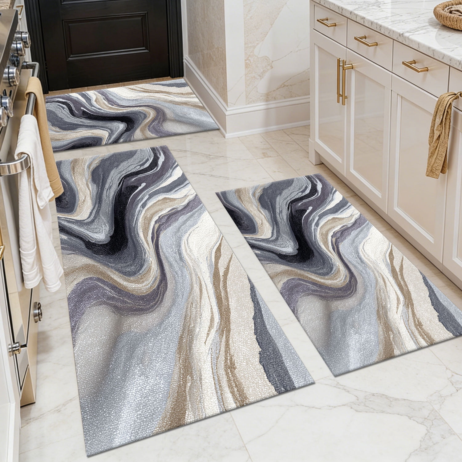 Three-Piece Kitchen Rug Set, Abstract Pattern Kitchen Hallway Rug, Soft And Comfortable, Suitable for Sinks, Floors, Entrances, Hallways, Bathrooms