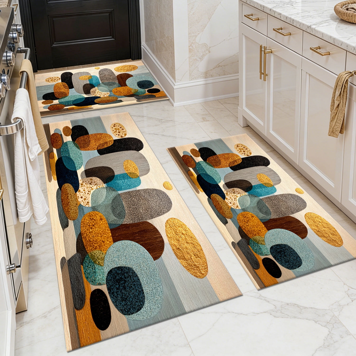 Three-Piece Kitchen Rug Set, Abstract Pattern Kitchen Hallway Rug, Soft And Comfortable, Suitable for Sinks, Floors, Entrances, Hallways, Bathrooms