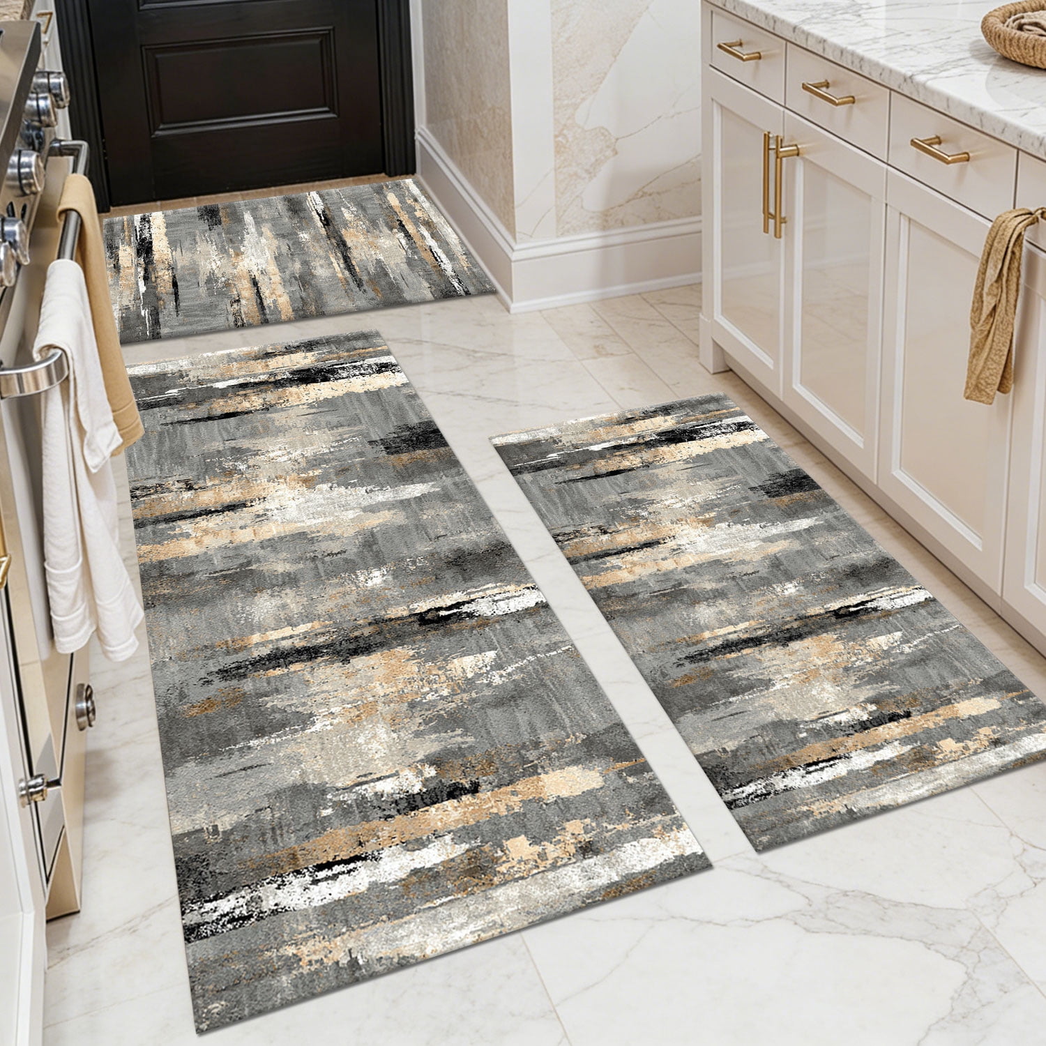 Three-Piece Kitchen Rug Set, Abstract Pattern Kitchen Hallway Rug, Soft And Comfortable, Suitable for Sinks, Floors, Entrances, Hallways, Bathrooms