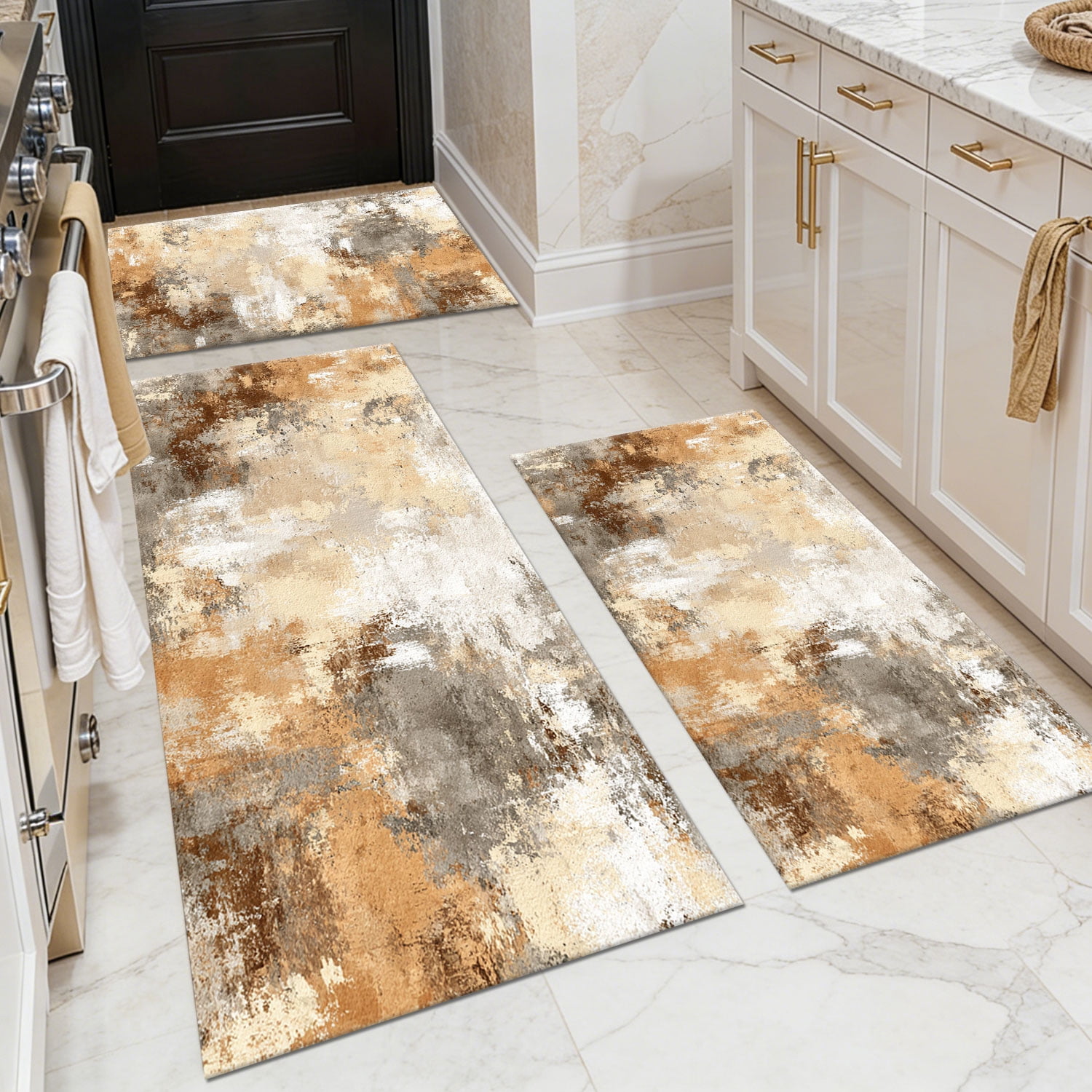 Three-Piece Kitchen Rug Set, Abstract Pattern Kitchen Hallway Rug, Soft And Comfortable, Suitable for Sinks, Floors, Entrances, Hallways, Bathrooms
