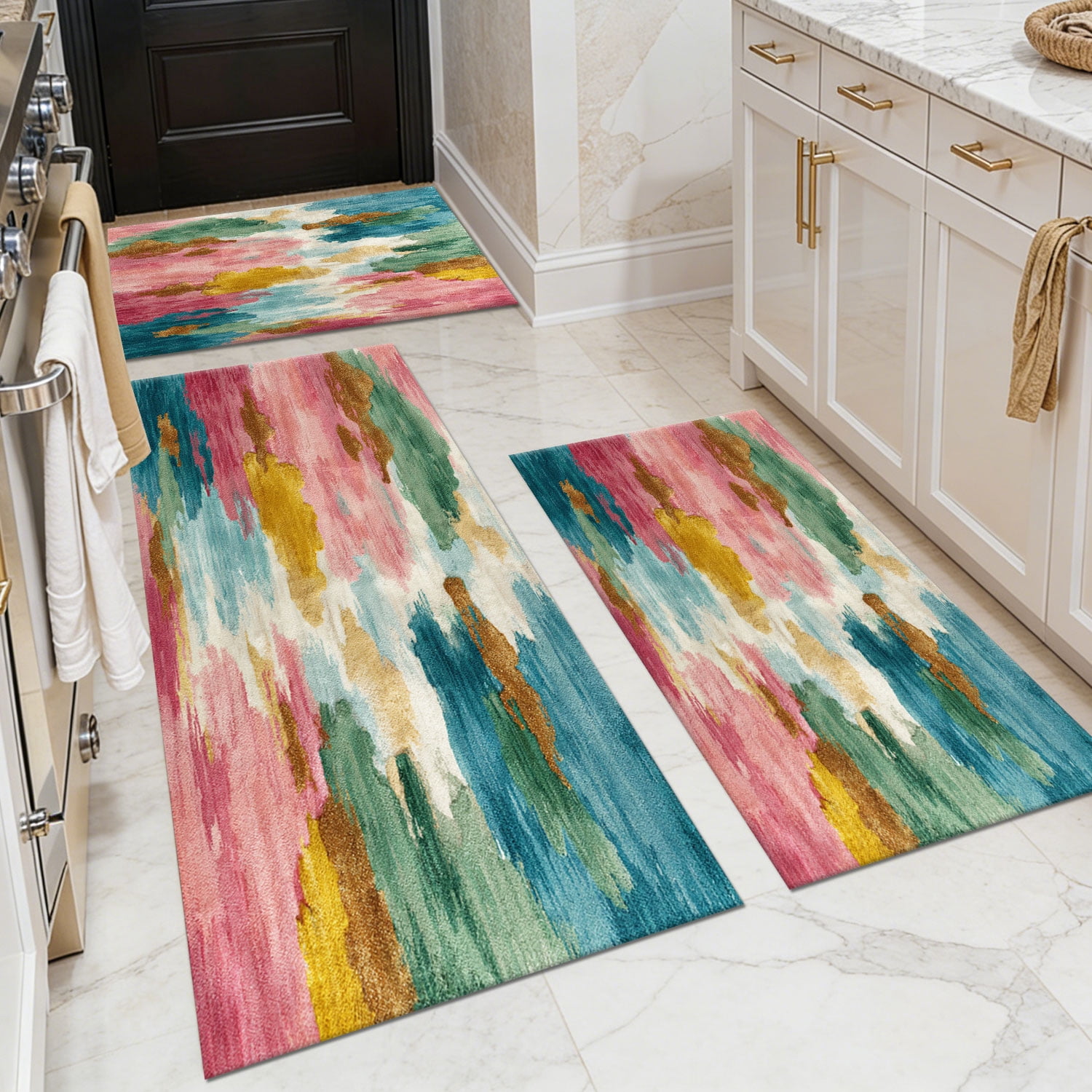 Three-Piece Kitchen Rug Set, Abstract Pattern Kitchen Hallway Rug, Soft And Comfortable, Suitable for Sinks, Floors, Entrances, Hallways, Bathrooms