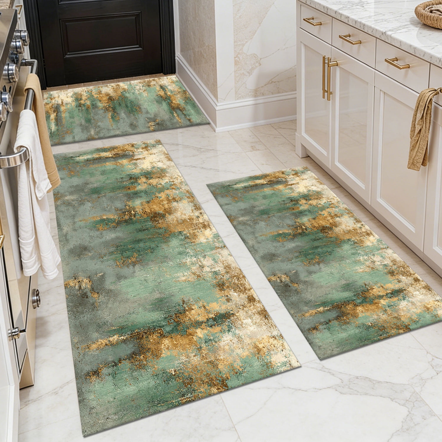 Three-Piece Kitchen Rug Set, Abstract Pattern Kitchen Hallway Rug, Soft And Comfortable, Suitable for Sinks, Floors, Entrances, Hallways, Bathrooms