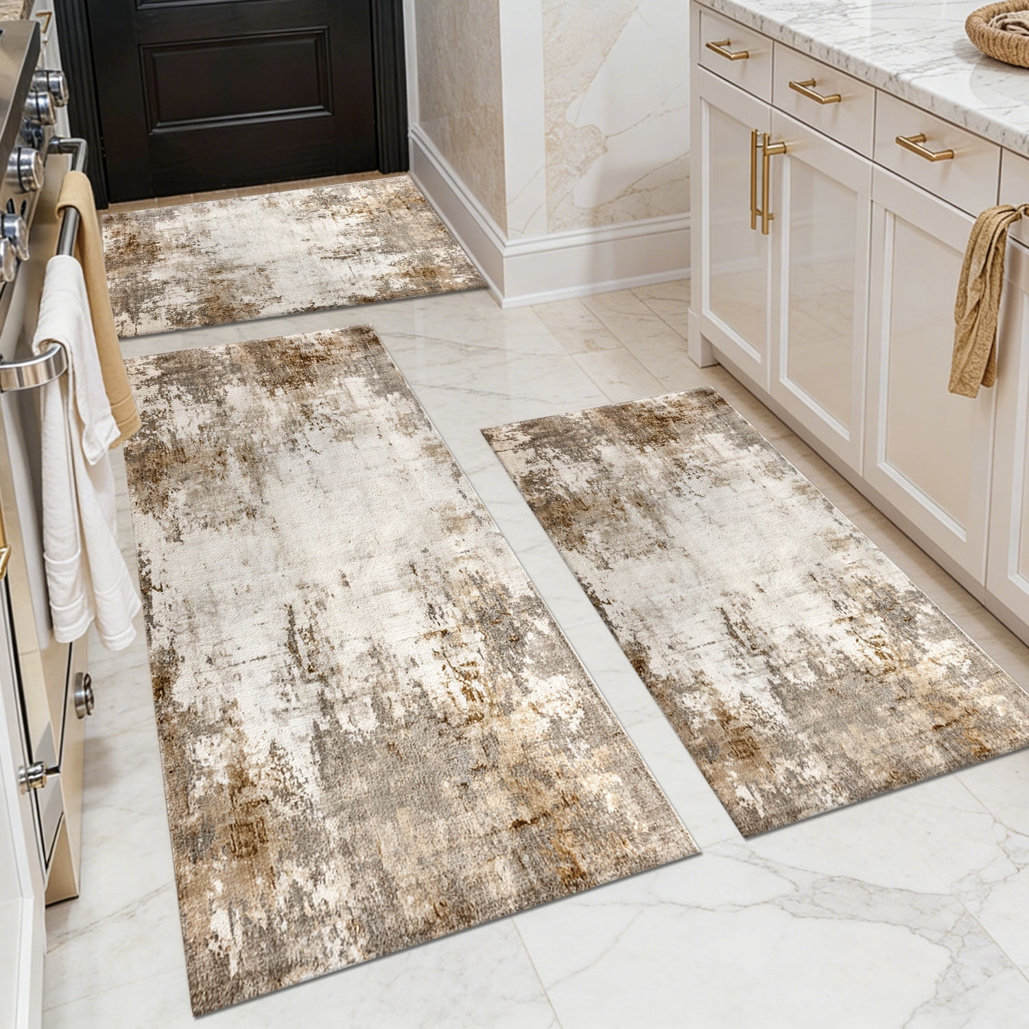 Three-Piece Kitchen Rug Set, Abstract Pattern Kitchen Hallway Rug, Soft And Comfortable, Suitable for Sinks, Floors, Entrances, Hallways, Bathrooms