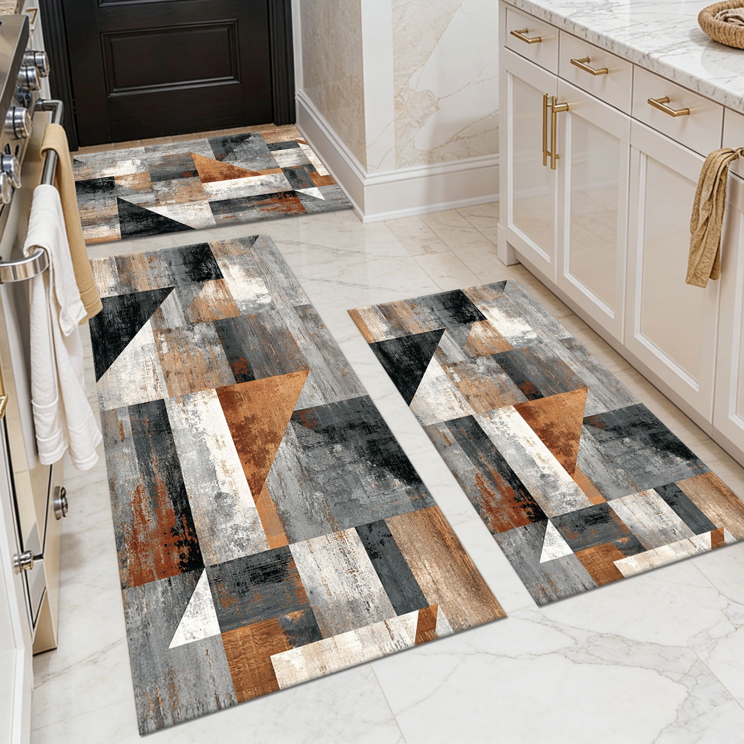 Three-Piece Kitchen Rug Set, Abstract Pattern Kitchen Hallway Rug, Soft And Comfortable, Suitable for Sinks, Floors, Entrances, Hallways, Bathrooms