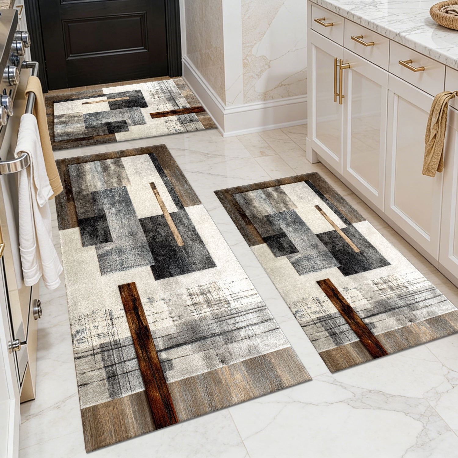 Three-Piece Kitchen Rug Set, Abstract Pattern Kitchen Hallway Rug, Soft And Comfortable, Suitable for Sinks, Floors, Entrances, Hallways, Bathrooms