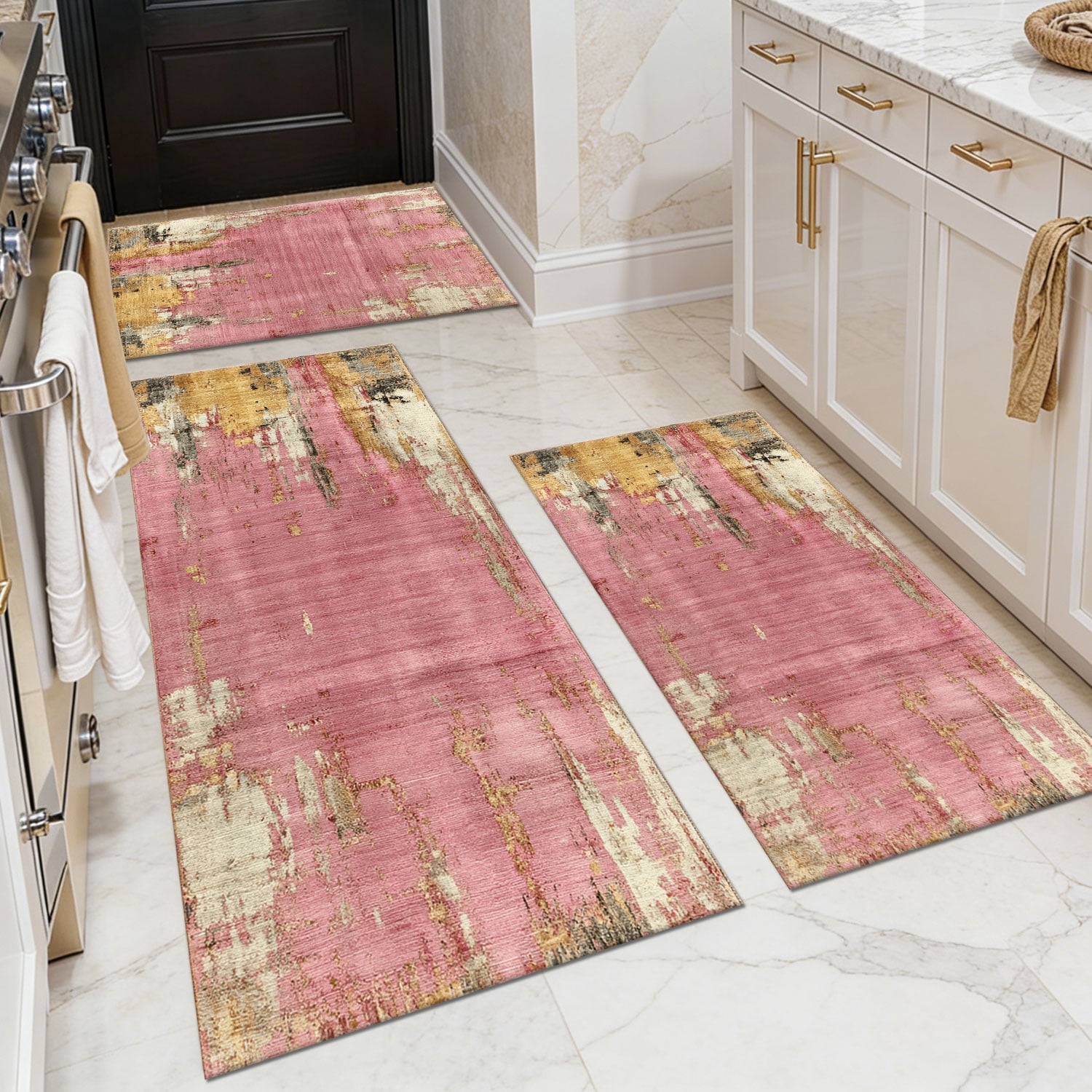 Three-Piece Kitchen Rug Set, Abstract Pattern Kitchen Hallway Rug, Soft And Comfortable, Suitable for Sinks, Floors, Entrances, Hallways, Bathrooms