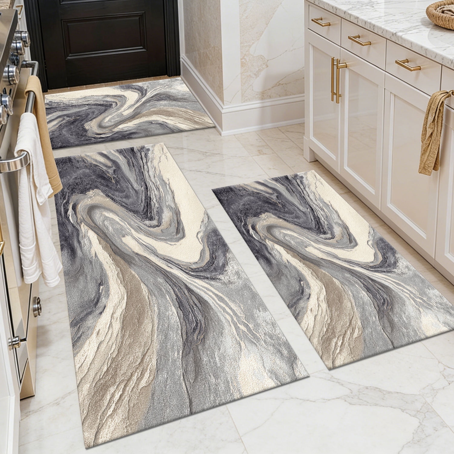 Three-Piece Kitchen Rug Set, Abstract Pattern Kitchen Hallway Rug, Soft And Comfortable, Suitable for Sinks, Floors, Entrances, Hallways, Bathrooms
