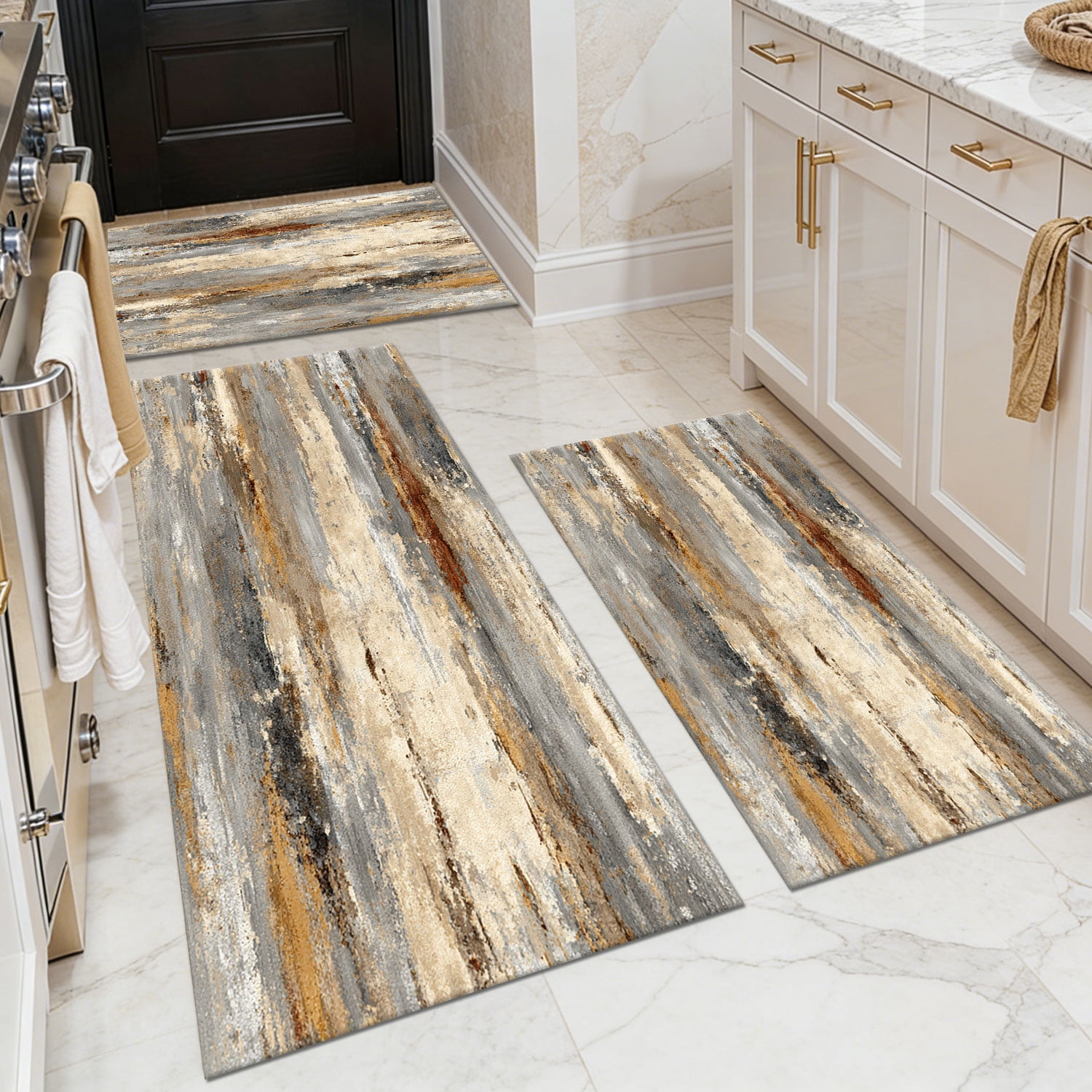 Three-Piece Kitchen Rug Set, Abstract Pattern Kitchen Hallway Rug, Soft And Comfortable, Suitable for Sinks, Floors, Entrances, Hallways, Bathrooms