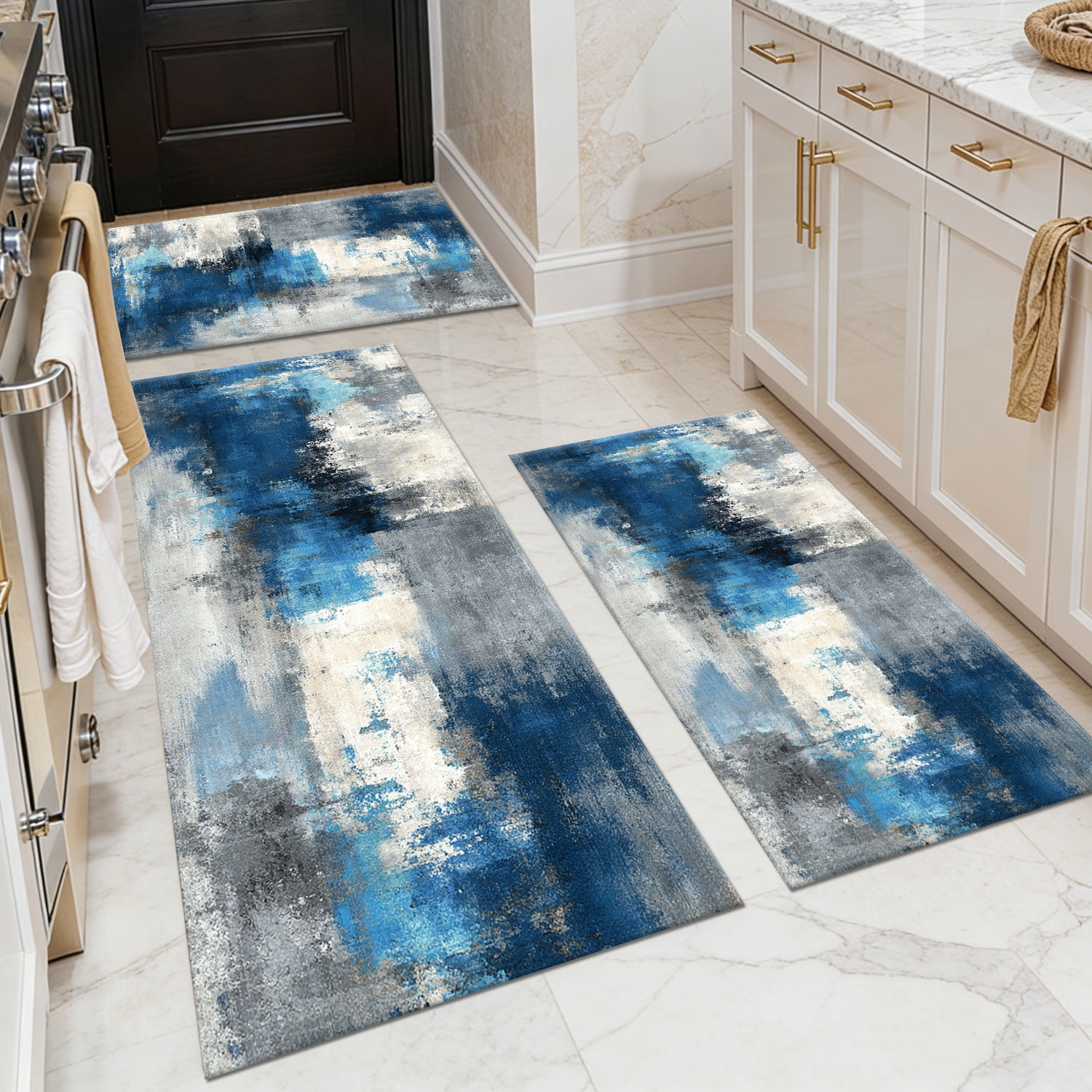 Three-Piece Kitchen Rug Set, Abstract Pattern Kitchen Hallway Rug, Soft And Comfortable, Suitable for Sinks, Floors, Entrances, Hallways, Bathrooms