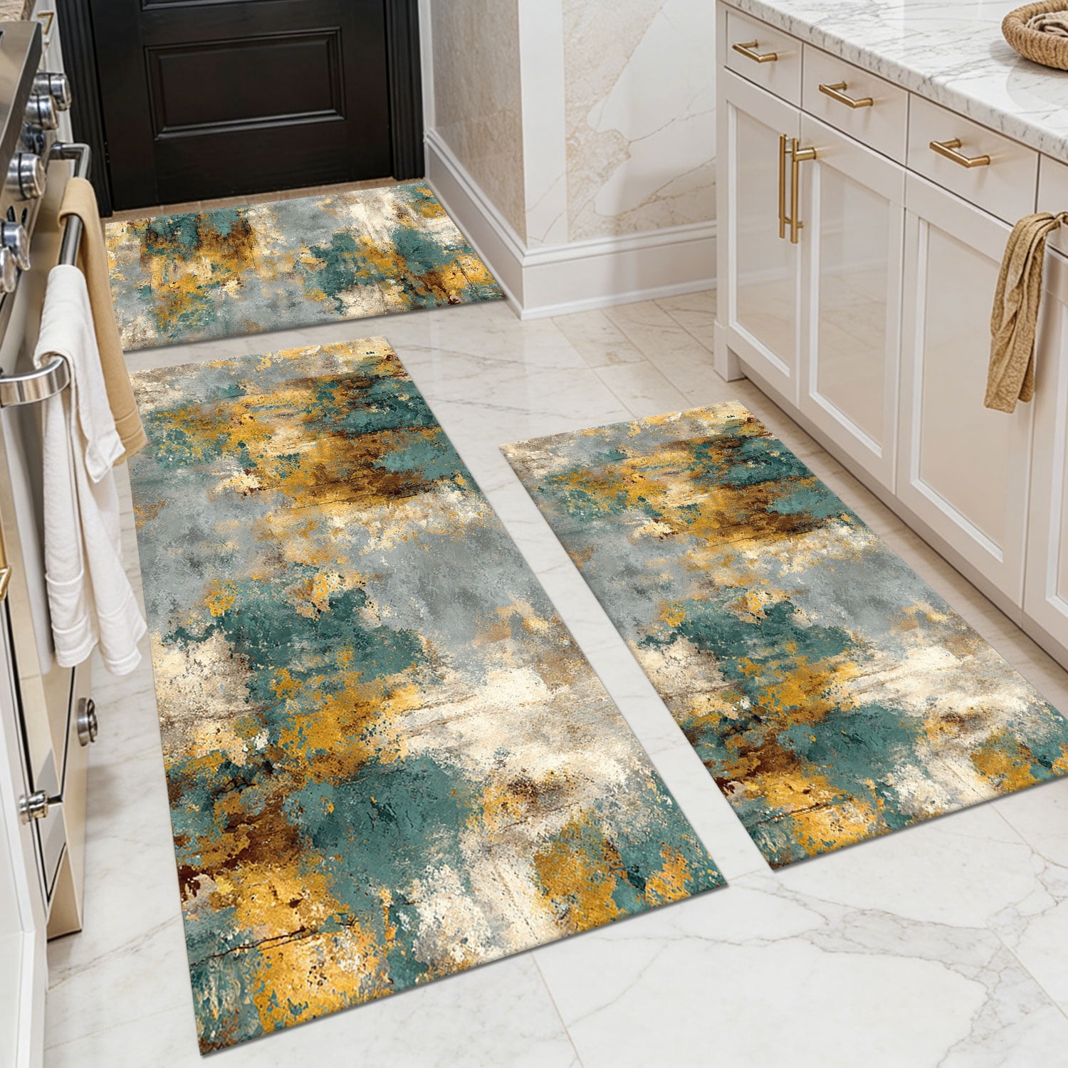 Three-Piece Kitchen Rug Set, Abstract Pattern Kitchen Hallway Rug, Soft And Comfortable, Suitable for Sinks, Floors, Entrances, Hallways, Bathrooms