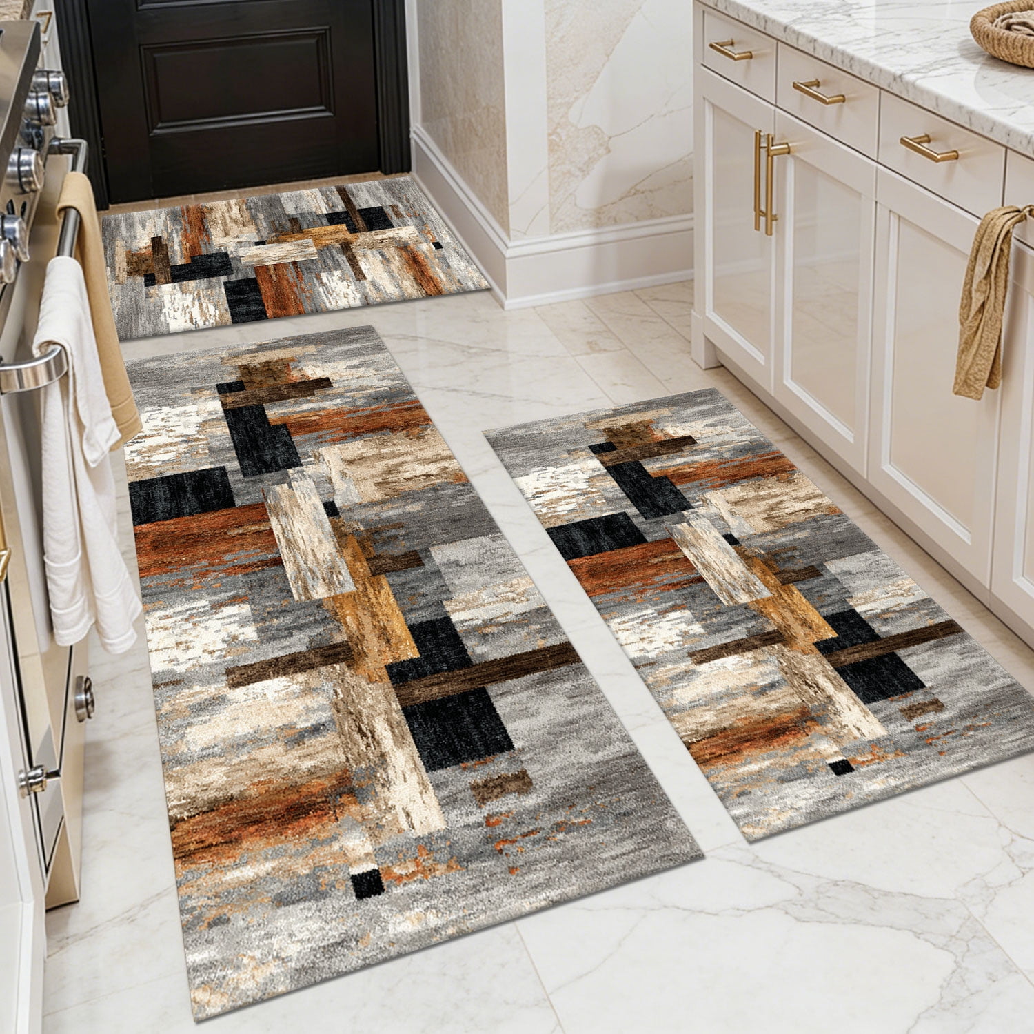Three-Piece Kitchen Rug Set, Abstract Pattern Kitchen Hallway Rug, Soft And Comfortable, Suitable for Sinks, Floors, Entrances, Hallways, Bathrooms