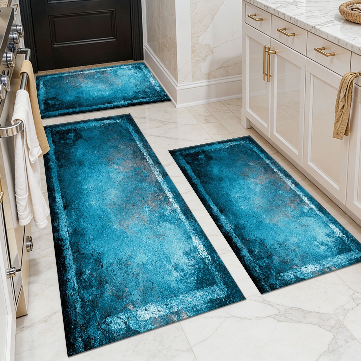 Three-Piece Kitchen Rug Set, Abstract Pattern Kitchen Hallway Rug, Soft And Comfortable, Suitable for Sinks, Floors, Entrances, Hallways, Bathrooms