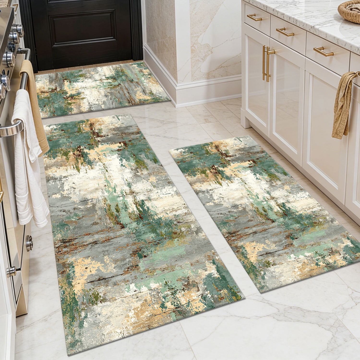 Three-Piece Kitchen Rug Set, Abstract Pattern Kitchen Hallway Rug, Soft And Comfortable, Suitable for Sinks, Floors, Entrances, Hallways, Bathrooms
