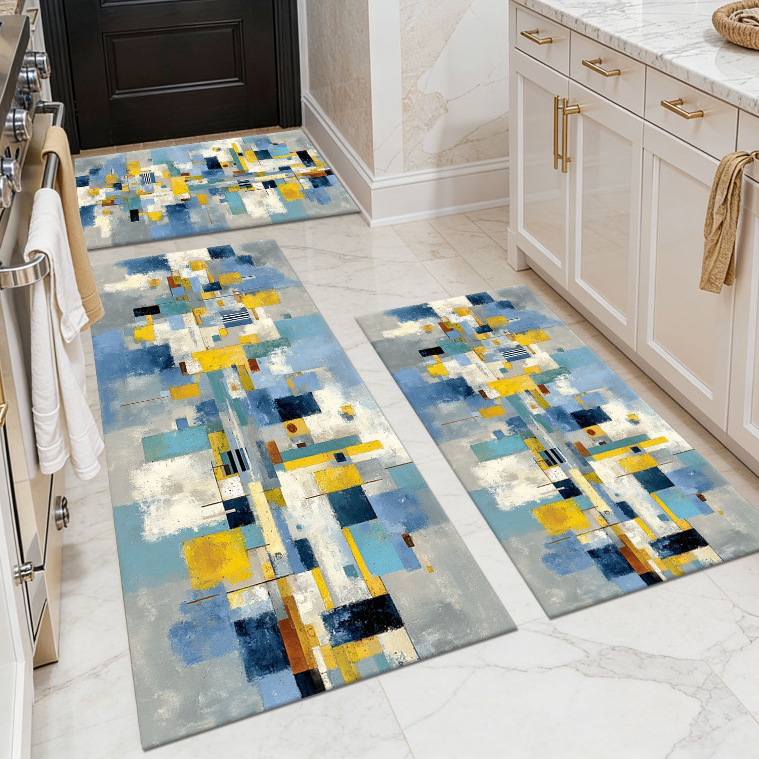 Three-Piece Kitchen Rug Set, Abstract Pattern Kitchen Hallway Rug, Soft And Comfortable, Suitable for Sinks, Floors, Entrances, Hallways, Bathrooms