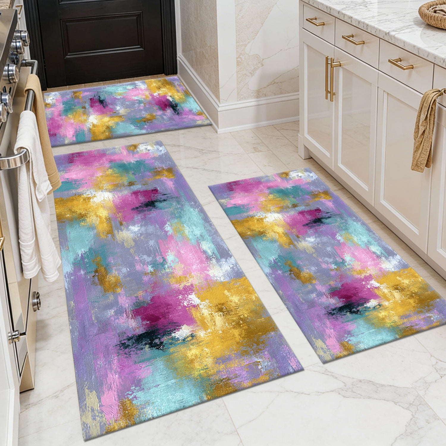 Three-Piece Kitchen Rug Set, Abstract Pattern Kitchen Hallway Rug, Soft And Comfortable, Suitable for Sinks, Floors, Entrances, Hallways, Bathrooms