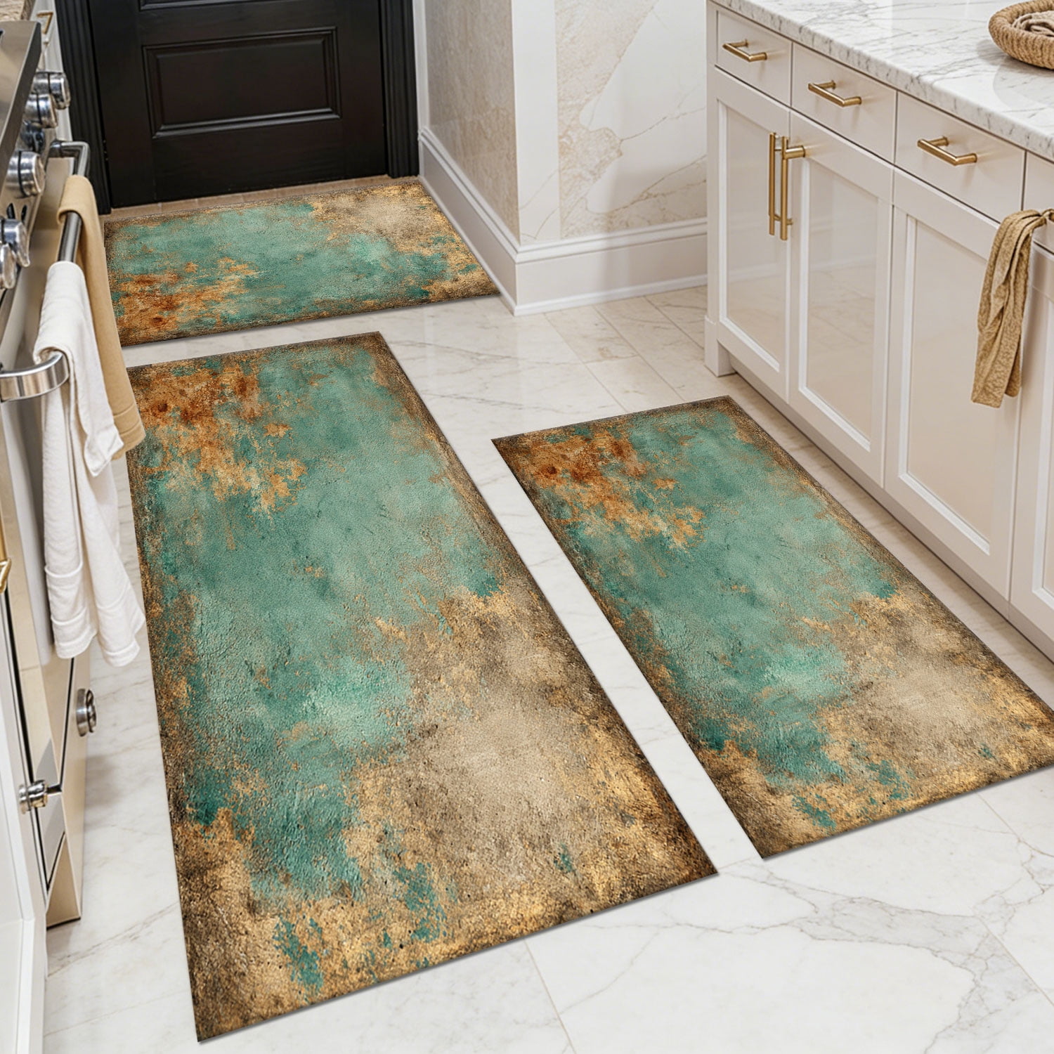 Three-Piece Kitchen Rug Set, Abstract Pattern Kitchen Hallway Rug, Soft And Comfortable, Suitable for Sinks, Floors, Entrances, Hallways, Bathrooms