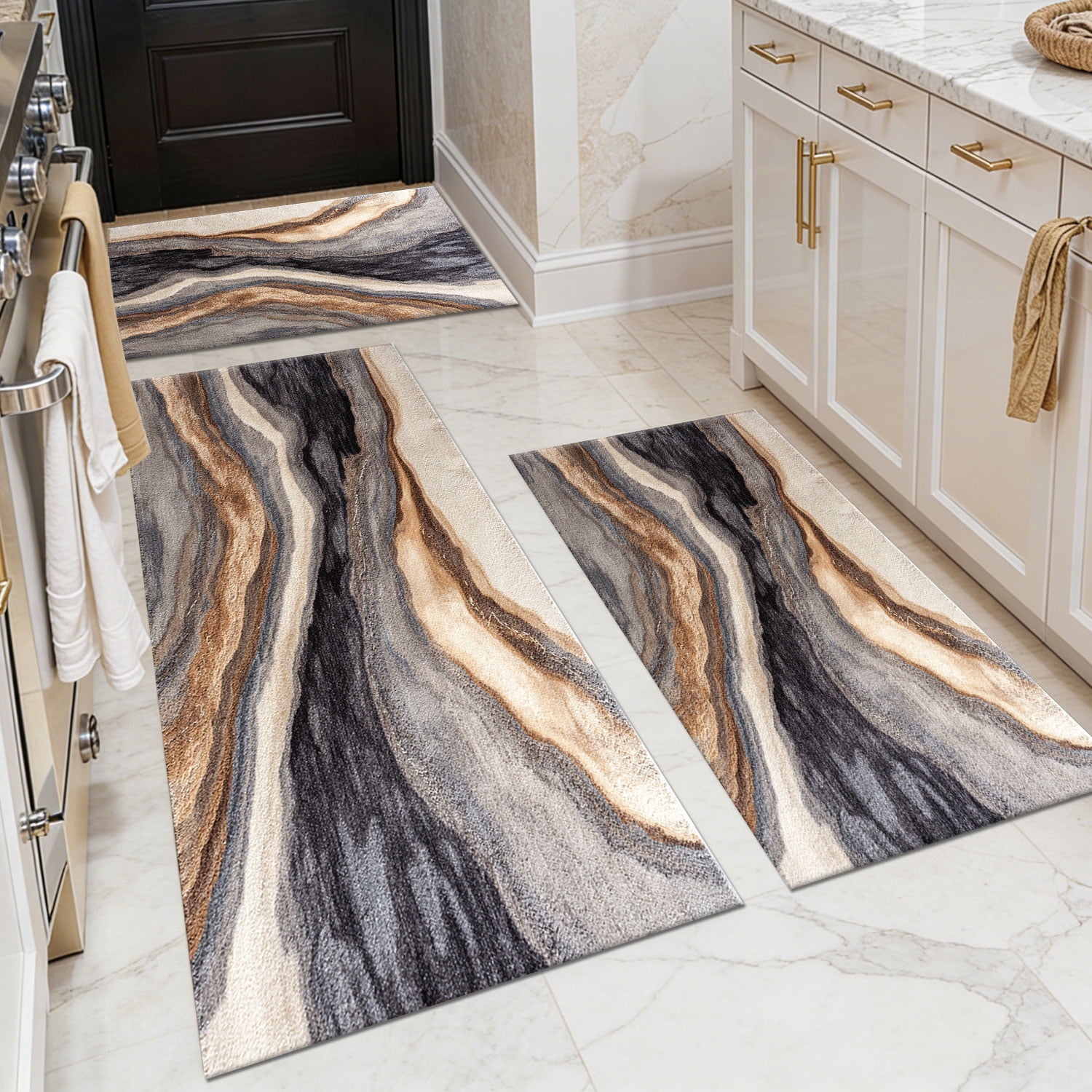 Three-Piece Kitchen Rug Set, Abstract Pattern Kitchen Hallway Rug, Soft And Comfortable, Suitable for Sinks, Floors, Entrances, Hallways, Bathrooms
