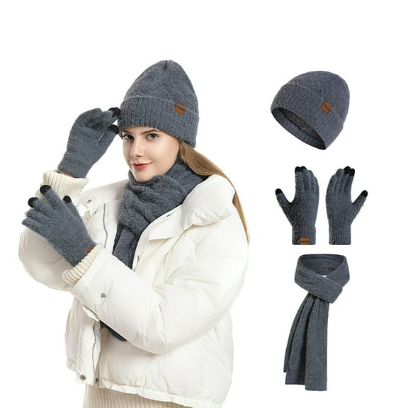 A Three Piece Of Knitted Caps That Can Be Worn With Touching Screens And Mobile Phones In Winter Including Thick Warm Ear Protecting Woolen Caps And Velvet Scarves