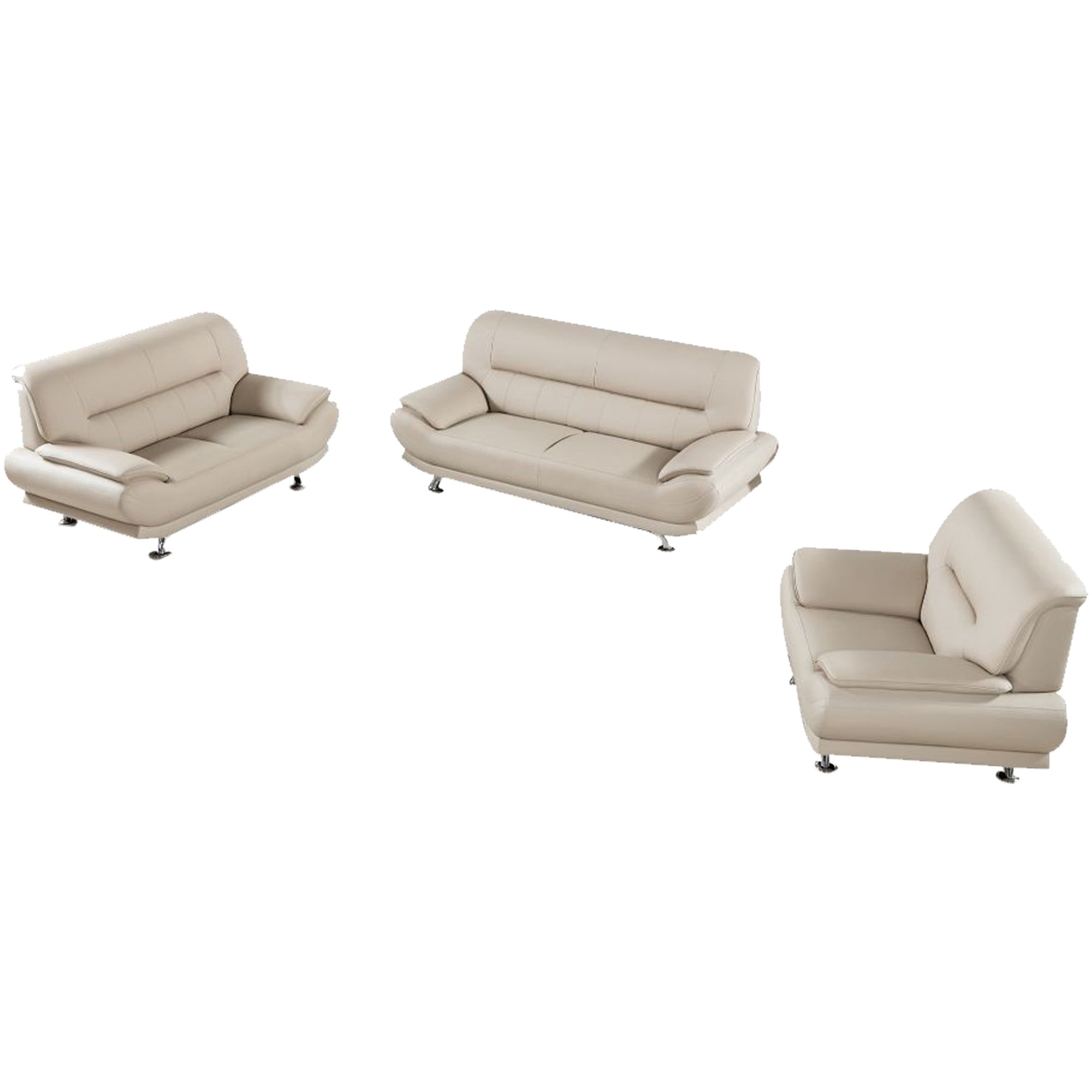 Three Piece Leather Upholstered Sofa Set with Pillow Top Armrest, Cream
