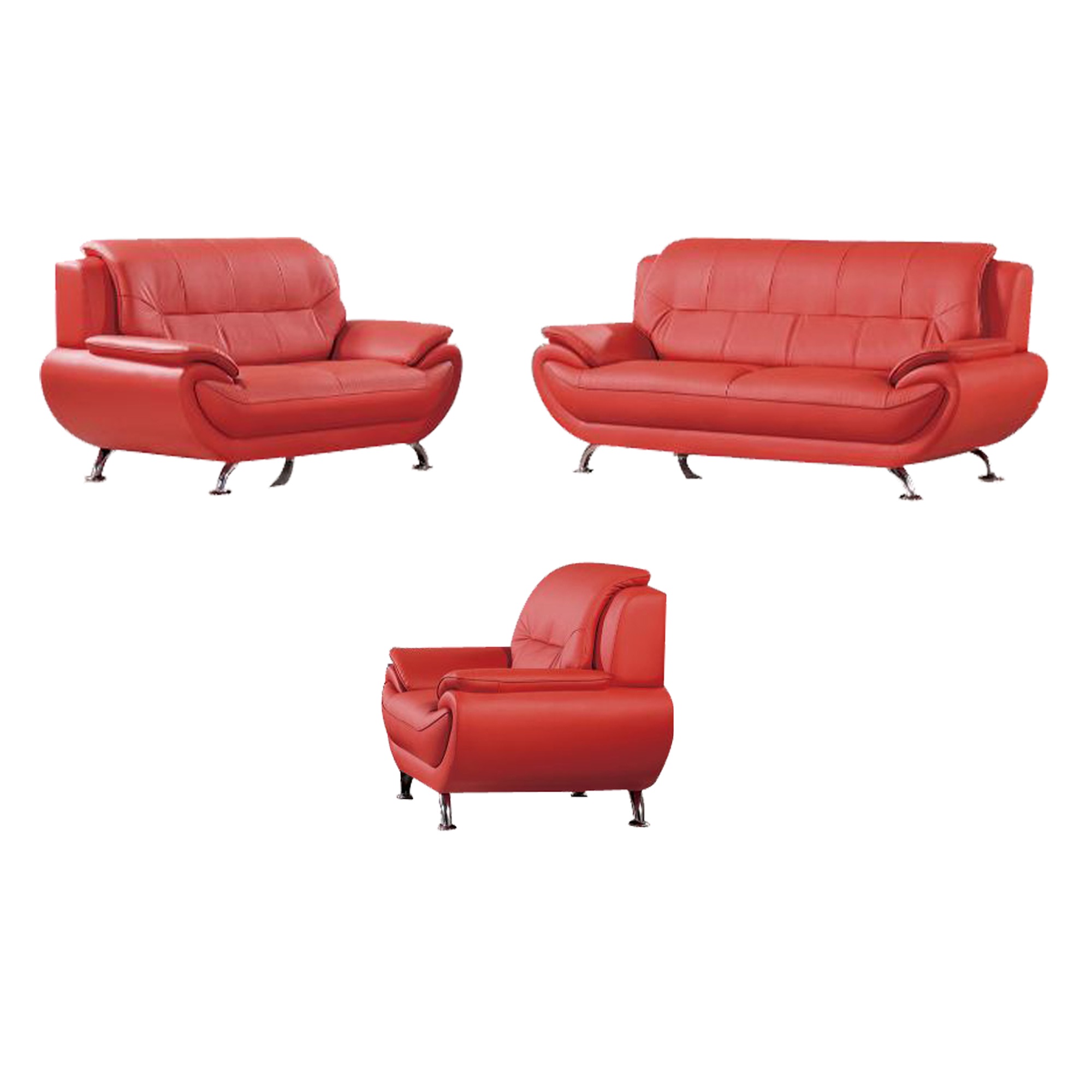 Three Piece Leatherette Wooden Sofa Set with Pillow Top Armrest, Red