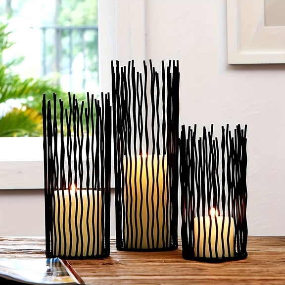 Three-Piece Metal Wire Willow Pillar Candle Holder Set, Creative Cage Candleholder for Fireplace Mantel and Table Centerpiece Decor, Black Tealight Lanterns
