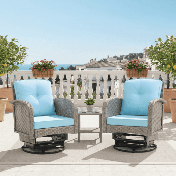 3 Pieces Patio Furniture Set, Swivel Rocking Wicker Chairs Set , Wicker Patio Bistro Set with Rattan Rocking Chair, Glass Top Side Table and Thickened Cushions for Porch Deck Backyard (Light Blue)