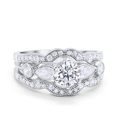 Three Piece Round Wedding Promise Ring CZ 925 Sterling Silver Size 5