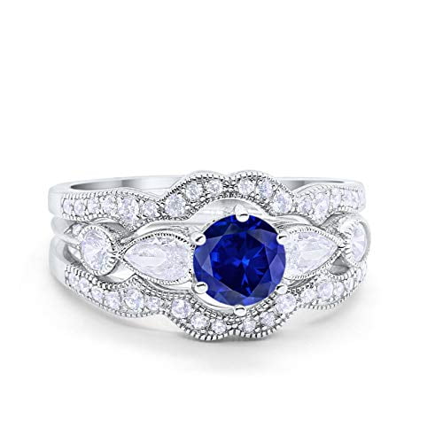 Three Piece Round Wedding Ring Blue Sapphire CZ 925 Sterling Silver Size 4