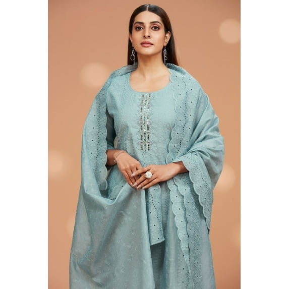 Three-Piece Schiffli Kurta and Dupatta with Solid Pants