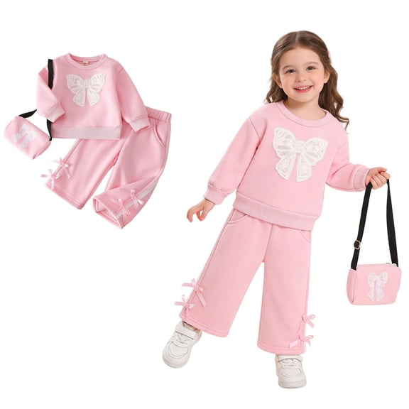 Three Piece Sets for Girls Long Sleeve Bow Sweatshirt and Sweatpants Sets Spring Clothes Cute Girl Clothes 12-18 Months