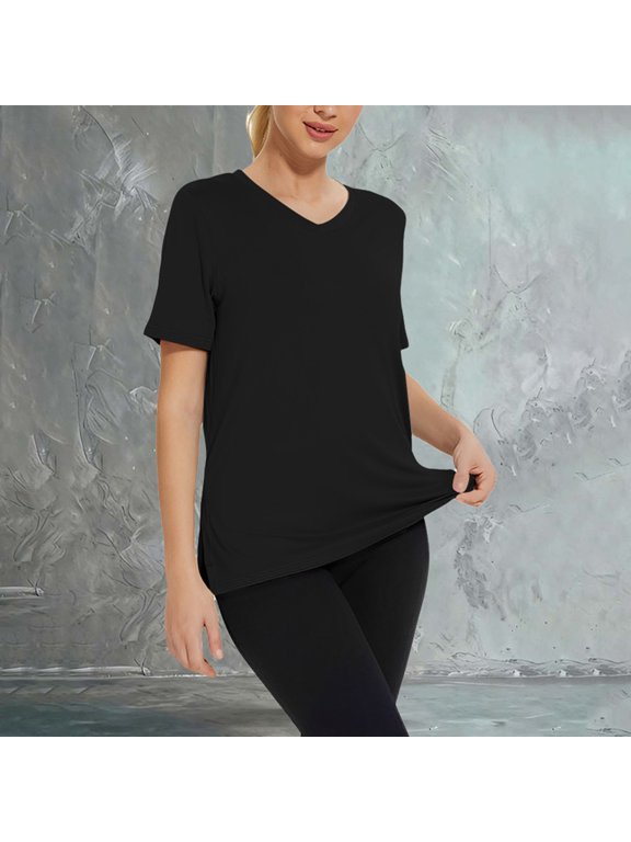 Three Piece Short Sleeve Loose Split Top Summer Solid Casual Tee Women V Neck T-Shirt