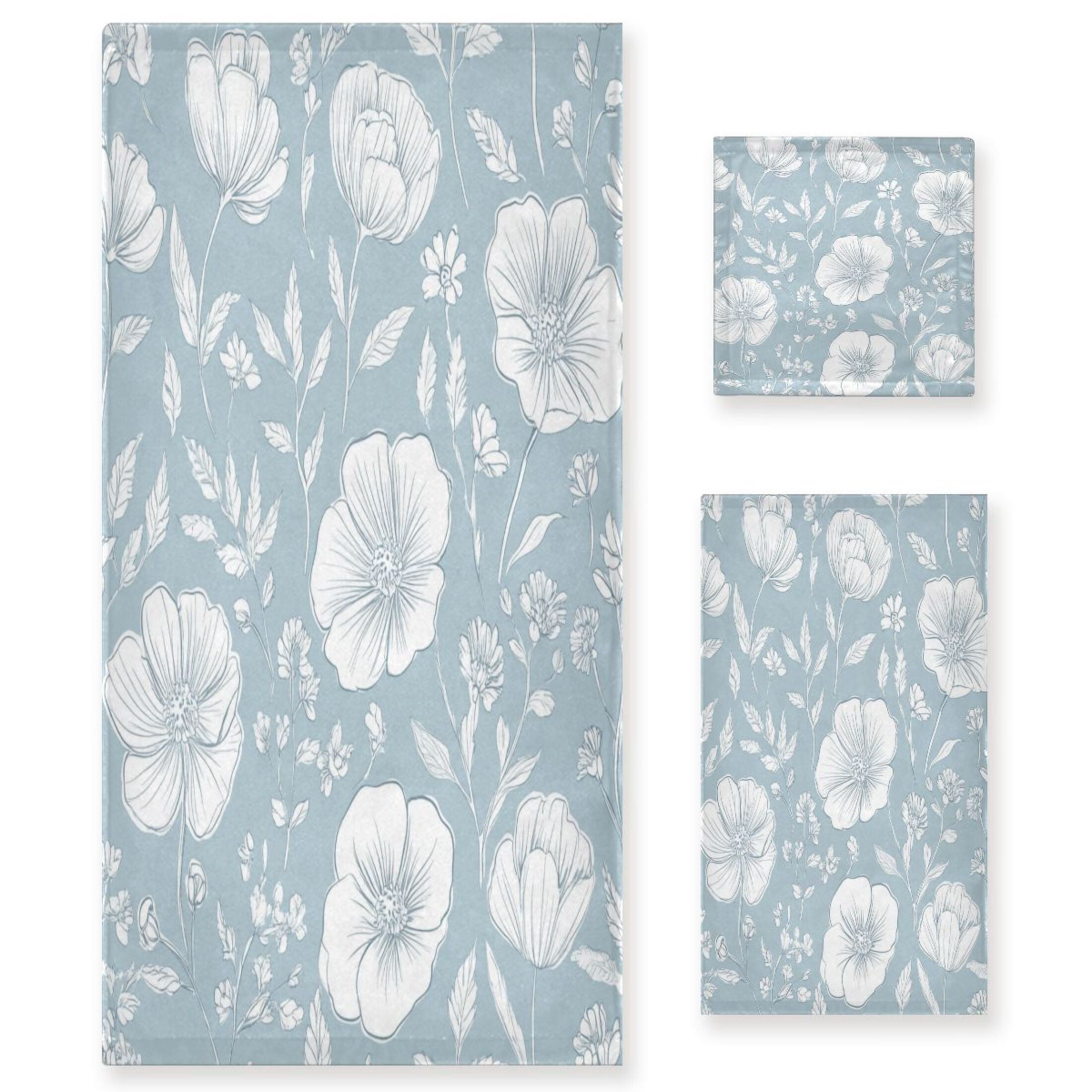 Three-Piece Towel Set Face Towel Towel Set Hand Towel Bath Towel Cotton Bath Towels Bath Towel Sets Hand Bath Towels Blue Cartoon White Flowers