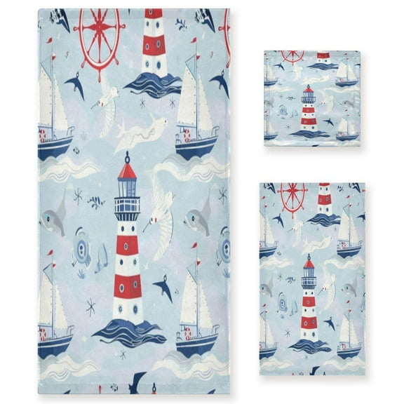 Three-Piece Towel Set Face Towel Towel Set Hand Towel Bath Towel Cotton Bath Towels Bath Towel Sets Hand Bath Towels Cartoon Red Lighthouse