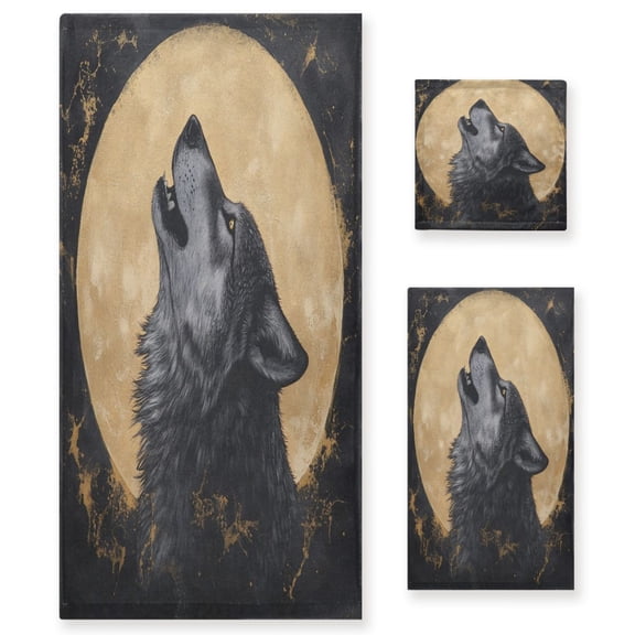 Three-Piece Towel Set Face Towel Towel Set Hand Towel Bath Towel Cotton Bath Towels Bath Towel Sets Hand Bath Towels Gray Wolf under The Moon